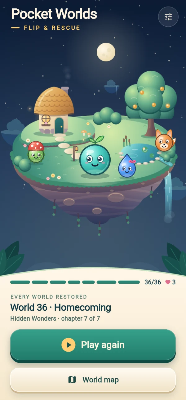 Actual Pocket Worlds home screen with floating garden, campaign progress and Continue button