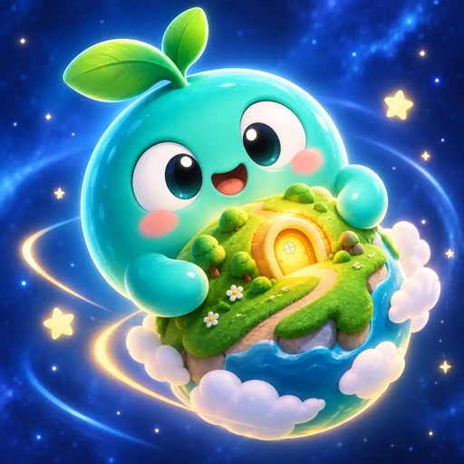 Pocket Worlds artwork: cheerful leaf-topped Pip holding a little floating island