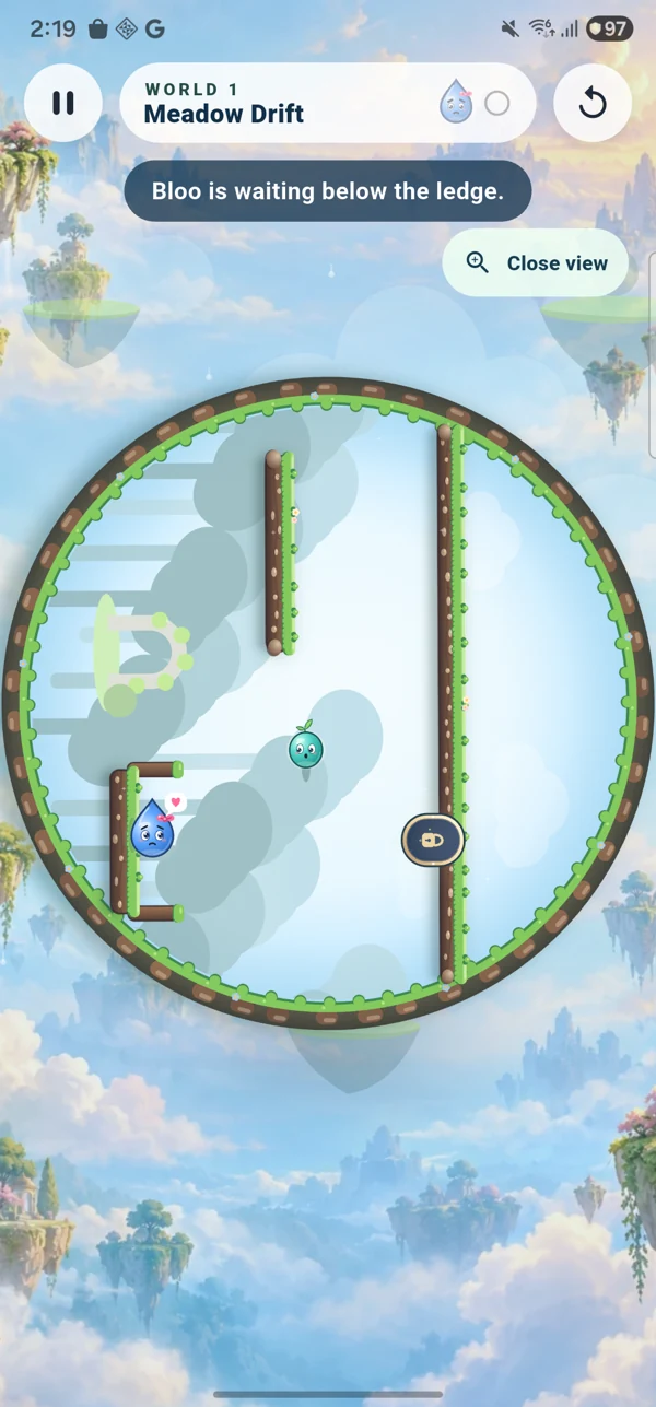 Actual gameplay showing a rotated circular world against floating islands